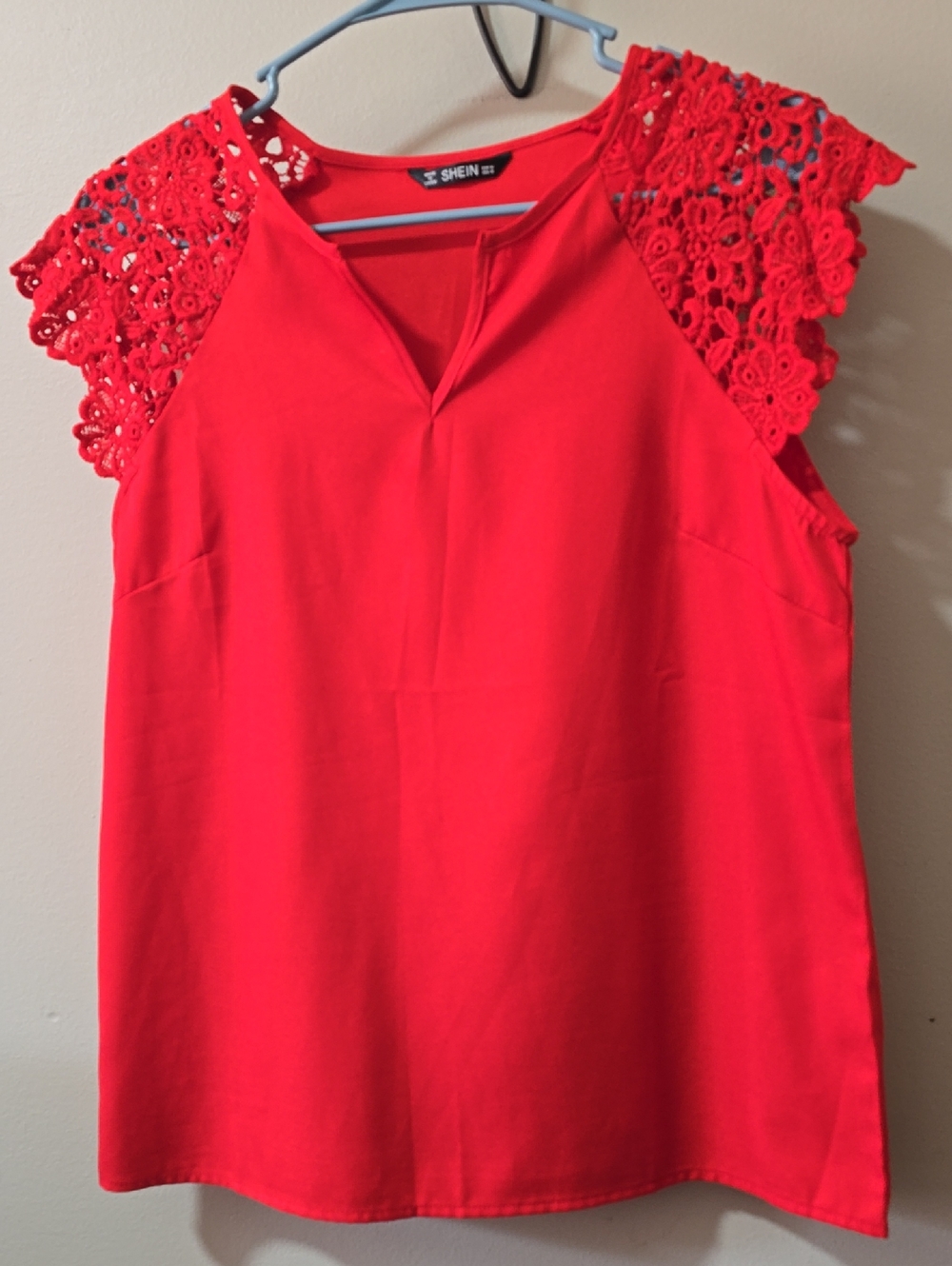 SHEIN Red Crochet Cap-Sleeve V-Notch Camisole